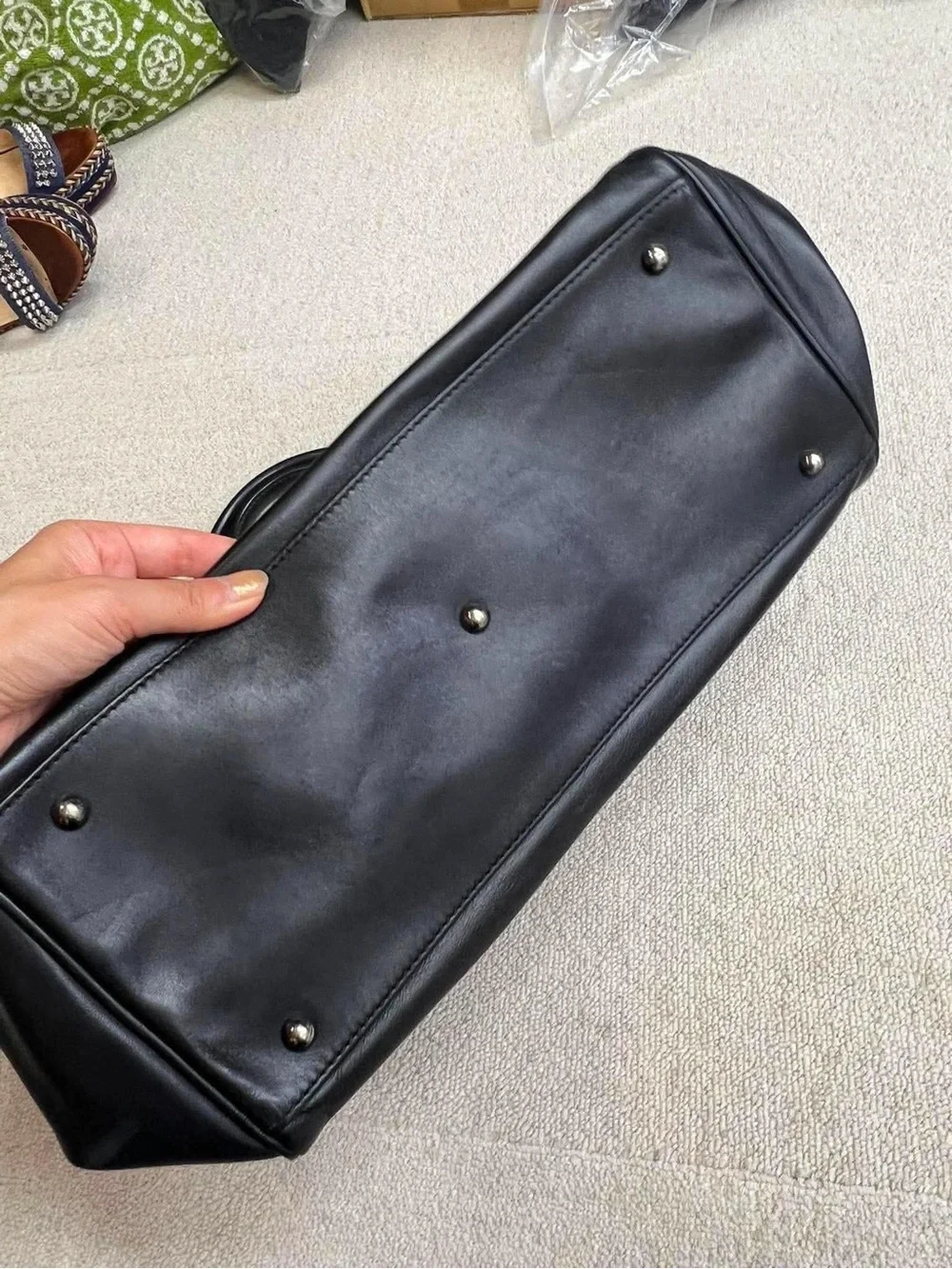 Longchamp Black Leather Tote with Brown Contrast Trim